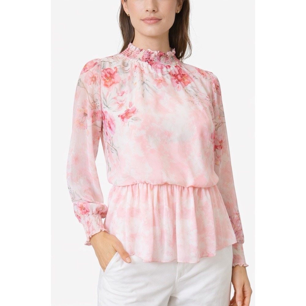 AND Womens Floral Blouse Size 14 Pink Smocked Neck Long Sleeve Peplum Top
